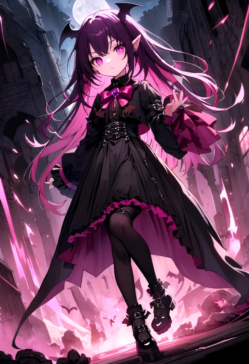 a demon girl with magenta hair and pink eyes and wears a chor and tights big black shoes and has bandages and is beautiful