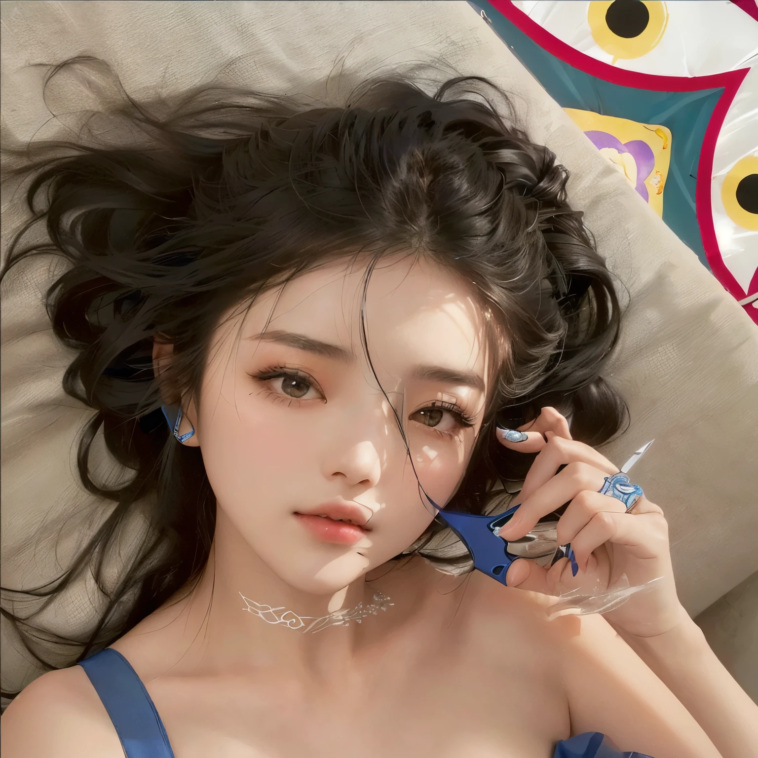 An arafed woman with long hair and a blue top is using a pair of scissors., dilraba dilmurat, wenfeiye, shaxi, she is lying on her back, sleepy model face, realist. ChengYi, she looks like a mixture of dirt, looks like a mixture of dirt, lying on her back, 8k selfie photography