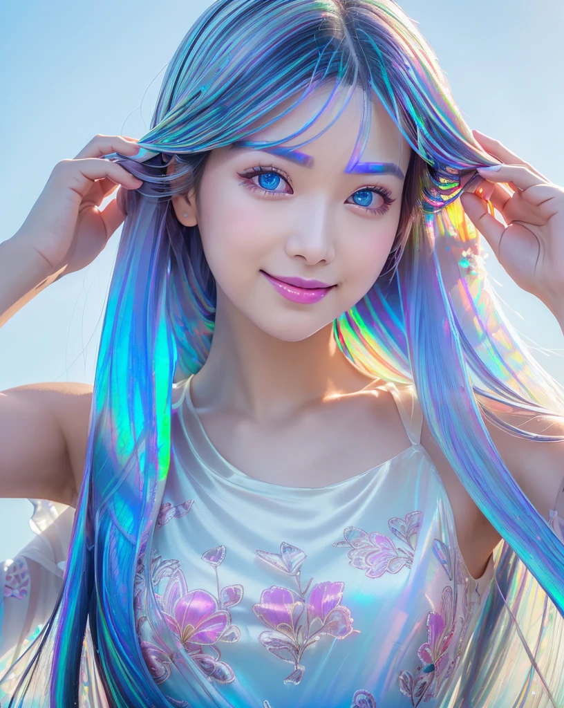 (Highest quality, 32k, High resolution, Masterpiece:1.5), marimo_jet, god々A photograph with brilliant dazzling and healing power., Evoking a sense of calm and elusive beauty, Expressing emotions, Have a rich imagination,Beautiful Japanese Girls, An exceptionally beautiful face, Small Face Beauty, Perfect Human Anatomy, Magical big eyes, Motherhood and generosity, Deep Love, fleeting smile, ((Iridescent gradient hair:1.4)), ((Super Long Straight Silk Hair:1.3)), Asymmetrical bangs, Hair between the eyes, Transparent, soft white skin, Sharp eyebrows, Thin lashes, Natural Makeup, Cheek highlighter, Pale pink detailed lips, ((Light blue floral dress:1.3)), High resolutionの完璧な鎖骨, High resolutionの美しい胸元, Slim figure with ample breasts, High resolutionの美しい太もも, ((Detailed blue sky background:1.2)), Professional Lighting, Professional photographer, Professional models, god秘的