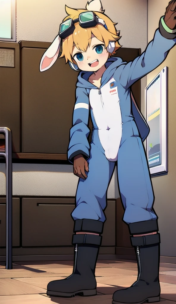 2D Boy,One-piece mountaineering suit,Slim, healthy body,Put the headphones on your head,stand up,goggles,Rabbit ears,happy,Sailor collar,tie,Zipper pulled down,boots,hood,classroom