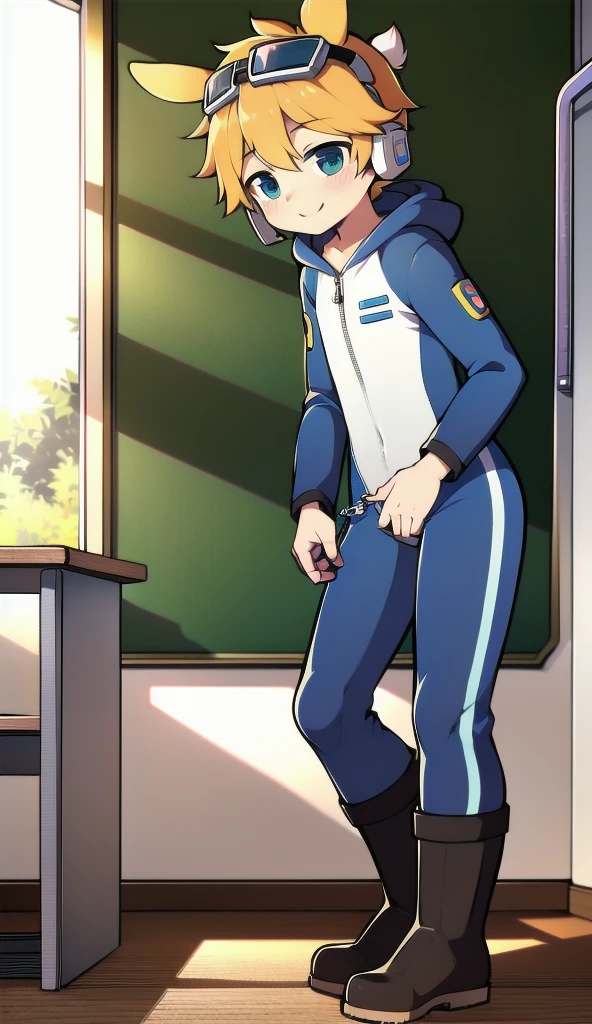 2D Boy,One-piece mountaineering suit,Slim, healthy body,Put the headphones on your head,stand up,goggles,Rabbit ears,happy,Sailor collar,tie,Zipper pulled down,boots,hood,classroom