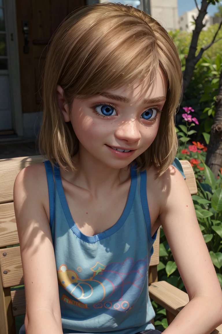 A stunning and intricate full color portrait in Ultra-HD, detailed face, short blonde hair, blue eyes, wearing pink tank top, epic character composition, alessio albi, nina masic, sharp focus, lighting natural, subsurface dispersion, f2, 35mm, sitting on wooden chair, in Forrest, smiling,
