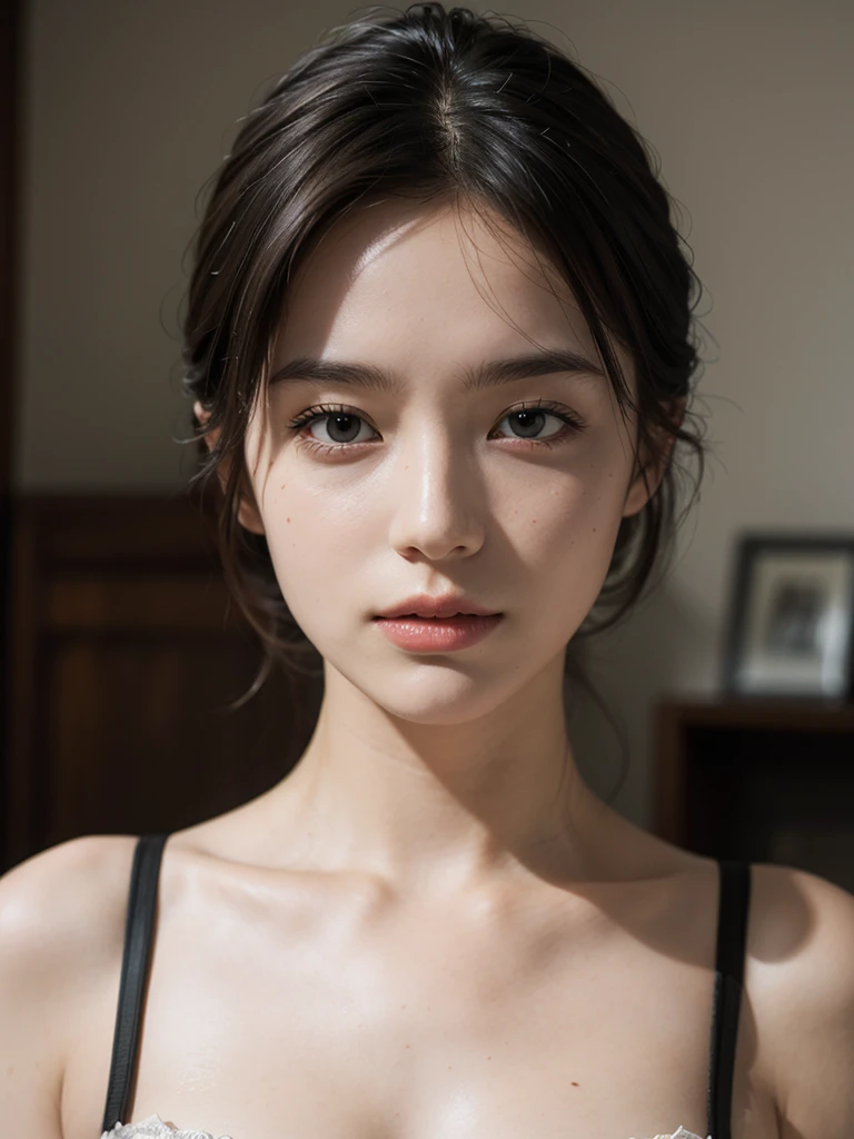 (Highly realistic photos, High resolution, Detailed face, Fine grain), ((Photographed in front of a white wall))、Japanese women, 20-year-old, A variety of expressions, alone:1, Slim figure, Various hairstyles, Casual clothing, 写真の中でalone、Selfie、Photographed in natural light、Simple Necklace、Spring Clothes、Looking at the camera、profile、Dark brown hair color