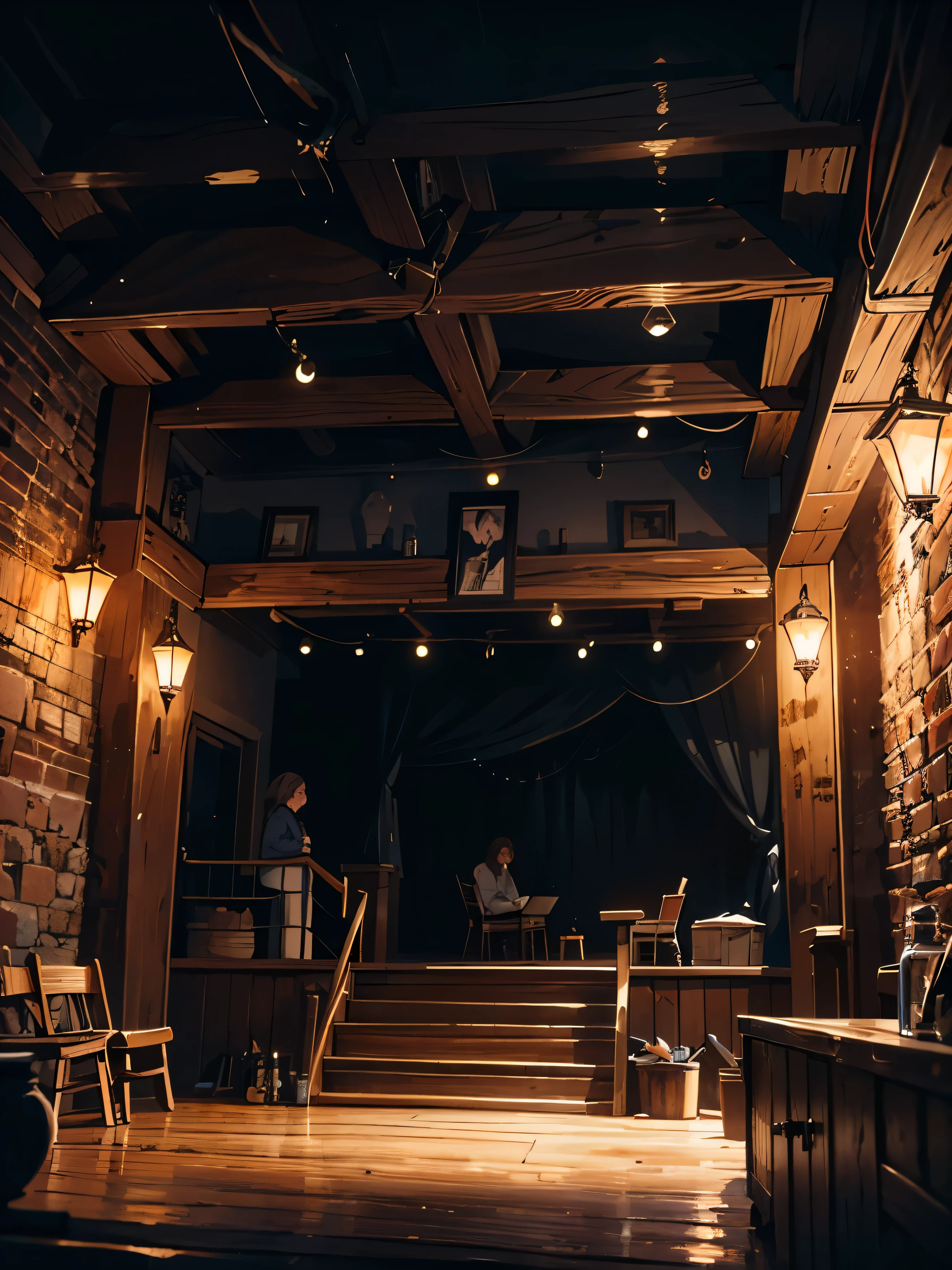 masterpiece, high quality on a wooden stage, in rustic brothel, theatre stage, ((Dark night)), Portrait, color difference, Depth of field, dramatic shadows, Ray tracing, Best quality, Cinematic lighting ,official art,