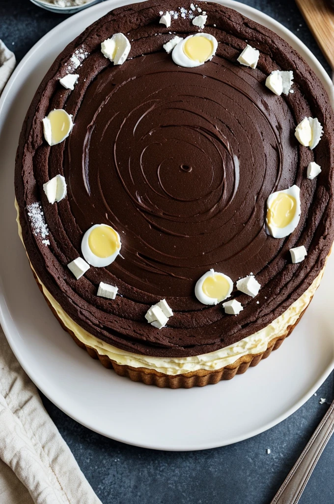 What it would look like ,realistically the following pastry recipe: Chocolate and coconut cake Ingredients:
For the shortcrust pastry:
250 g wheat flour 125 g cold butter, cut into cubes 50 g icing sugar 1 egg 1 pinch of salt For the filling:
200 g dark chocolate (can be economical)
200 ml cream to assemble (milk cream)
2 tablespoons grated coconut 1 egg Instructions:
Prepare the shortcrust pastry as in the previous recipe.
Heat the cream until it starts to boil and pour it over the chopped chocolate.. Mix until you get a smooth ganache.
Add the grated coconut and beaten egg to the ganache., mixing well.
Line the mold with the shortcrust pastry and bake at 180°C for 15 minutes..
Pour the chocolate and coconut mixture over the pre-baked base..
Bake for 20-25 minutes until the filling is firm..