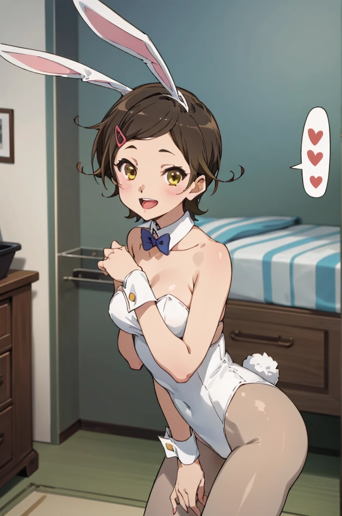 solo, 1girl, , hazuki katou, ,medium breasts,,bunny girl,bunny suits,leotard,pantyhose,rabbit ears,my room,open mouth,tongue,,looking viewer,happy smile,lovely,cute,spoken heart