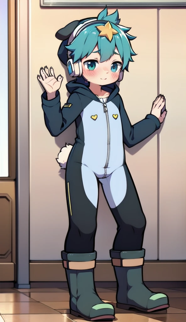 2D Boy Shota，One-piece mountaineering suit，Slim, healthy body，Put the headphones on your head，stand up，goggles，Rabbit ears，happy，Sailor collar，tie，Zipper pulled down，boots，hood，classroom，shy，blush