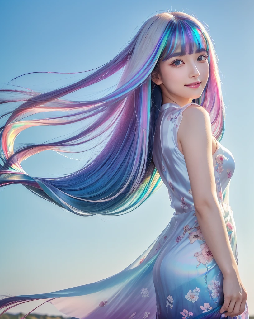 (Highest quality, 32k, High resolution, Masterpiece:1.5), marimo_jet, god々A photograph with brilliant dazzling and healing power., Evoking a sense of calm and elusive beauty, Expressing emotions, Have a rich imagination,Beautiful Japanese Girls, An exceptionally beautiful face, Small Face Beauty, ((Looking back:1.2)), Perfect Human Anatomy, Magical big eyes, Motherhood and generosity, Deep Love, fleeting smile, ((Iridescent gradient hair:1.4)), ((Super Long Straight Silk Hair:1.3)), Asymmetrical bangs, Hair between the eyes, Transparent, soft white skin, Sharp eyebrows, Thin lashes, Natural Makeup, Cheek highlighter, Pale pink detailed lips, ((Light blue floral dress:1.3)), High resolutionの完璧な鎖骨, High resolutionの美しい胸元, Slim figure with ample breasts, High resolutionの美しい太もも, ((Detailed blue sky background:1.2)), Professional Lighting, Professional photographer, Professional models, god秘的