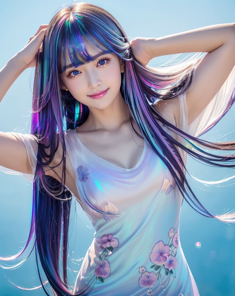 (Highest quality, 32k, High resolution, Masterpiece:1.5), marimo_jet, god々A photograph with brilliant dazzling and healing power., Evoking a sense of calm and elusive beauty, Expressing emotions, Have a rich imagination,Beautiful Japanese Girls, An exceptionally beautiful face, Small Face Beauty, ((Looking back:1.2)), Perfect Human Anatomy, Magical big eyes, Motherhood and generosity, Deep Love, fleeting smile, ((Iridescent gradient hair:1.4)), ((Super Long Straight Silk Hair:1.3)), Asymmetrical bangs, Hair between the eyes, Transparent, soft white skin, Sharp eyebrows, Thin lashes, Natural Makeup, Cheek highlighter, Pale pink detailed lips, ((Light blue floral dress:1.3)), High resolutionの完璧な鎖骨, High resolutionの美しい胸元, Slim figure with ample breasts, High resolutionの美しい太もも, ((Detailed blue sky background:1.2)), Professional Lighting, Professional photographer, Professional models, god秘的