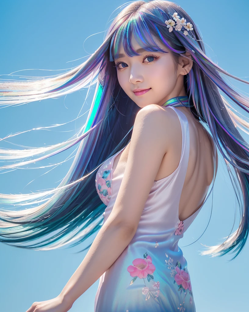 (Highest quality, 32k, High resolution, Masterpiece:1.5), marimo_jet, god々A photograph with brilliant dazzling and healing power., Evoking a sense of calm and elusive beauty, Expressing emotions, Have a rich imagination,Beautiful Japanese Girls, An exceptionally beautiful face, Small Face Beauty, ((Looking back:1.2)), Perfect Human Anatomy, Magical big eyes, Motherhood and generosity, Deep Love, fleeting smile, ((Iridescent gradient hair:1.4)), ((Super Long Straight Silk Hair:1.3)), Asymmetrical bangs, Hair between the eyes, Transparent, soft white skin, Sharp eyebrows, Thin lashes, Natural Makeup, Cheek highlighter, Pale pink detailed lips, ((Light blue floral dress:1.3)), High resolutionの完璧な鎖骨, High resolutionの美しい胸元, Slim figure with ample breasts, High resolutionの美しい太もも, ((Detailed blue sky background:1.2)), Professional Lighting, Professional photographer, Professional models, god秘的