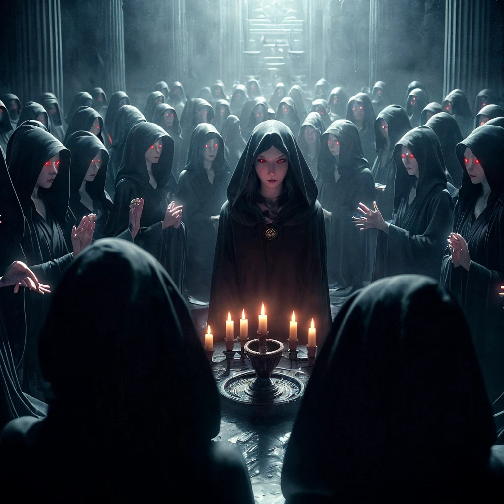 (very sharp result, cinematic desaturated photo) (((dramatic shading))), (((Best Quality))), (((masterpiece))) (((hyper realistic photo))) in starwars universe, gloomy sacred horror magical mood, dramatic backlight shadow, wide view of a sith temple, gothical room ambience, there`s many high priestess japanese girl in black cult hoodie, during a sacrifice ritual, pale skin, mysterious sinister bright red eyes sit at the centre of ritual altar, surrounded by high priestesses