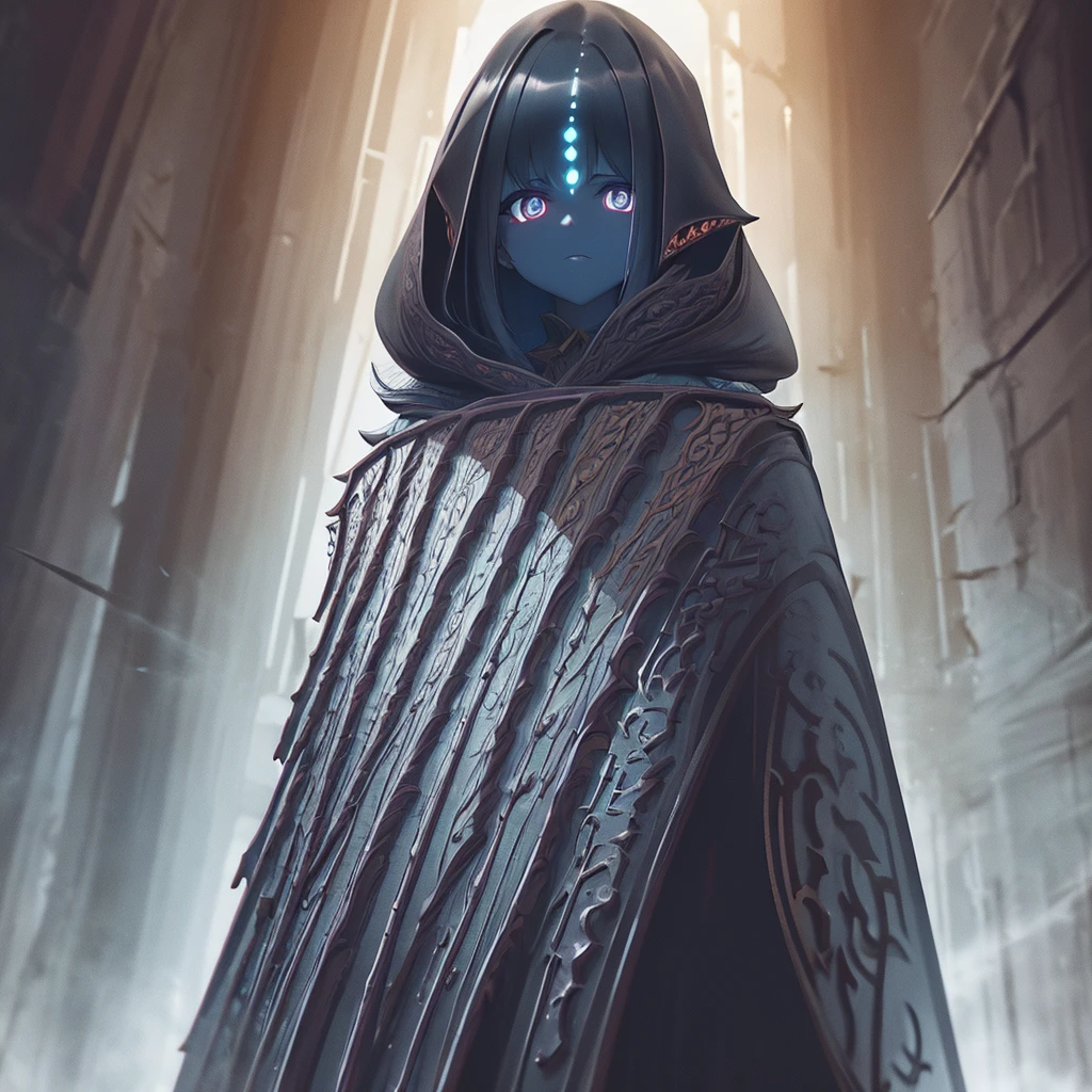 a hauntingly beautiful yet terrifying scene of a witch in the depths of her dark forest domain. She stands tall and imposing, cloaked in shadows, her eyes glowing with an otherworldly light. Despite her eerie allure, there's an undeniable sense of danger emanating from her as she raises her gnarled staff, ready to cast a spell that will ensnare anyone who dares to cross her path. The atmosphere should be thick with suspense and foreboding, with the viewer feeling both captivated and unnerved by her presence