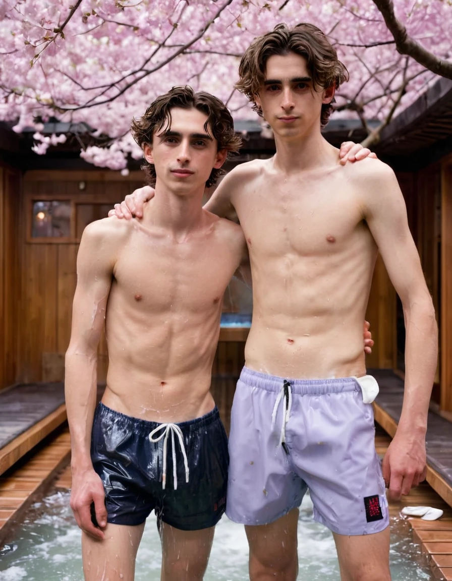 Timothée Chalamet, sweaty  boy, in water, in japanese sakura cherry blossom sauna, no clothing, far from camera, whole body, braces, age 19, wavy tiktok hair, boxer, bare feet, wearing no t-shirt topless, japanese onsen temple, short fine armpit hair, flexing in the water, veiny arms, cute, tall, lean, not muscular, wispy pubes, muscular teen masterpiece, high resolution, feet visible, no shoes, very dirty feet, skinny, tall, foot fetish, tall boy, teen boyaces, best quality, sticky armpit hair, sticky, glue on floor, wet floor, sticky clothes, drops on underwear, drops on shorts, sticky on shorts, drops on floor, sweaty face, sweaty hair, Dune by Herbert, Science fiction