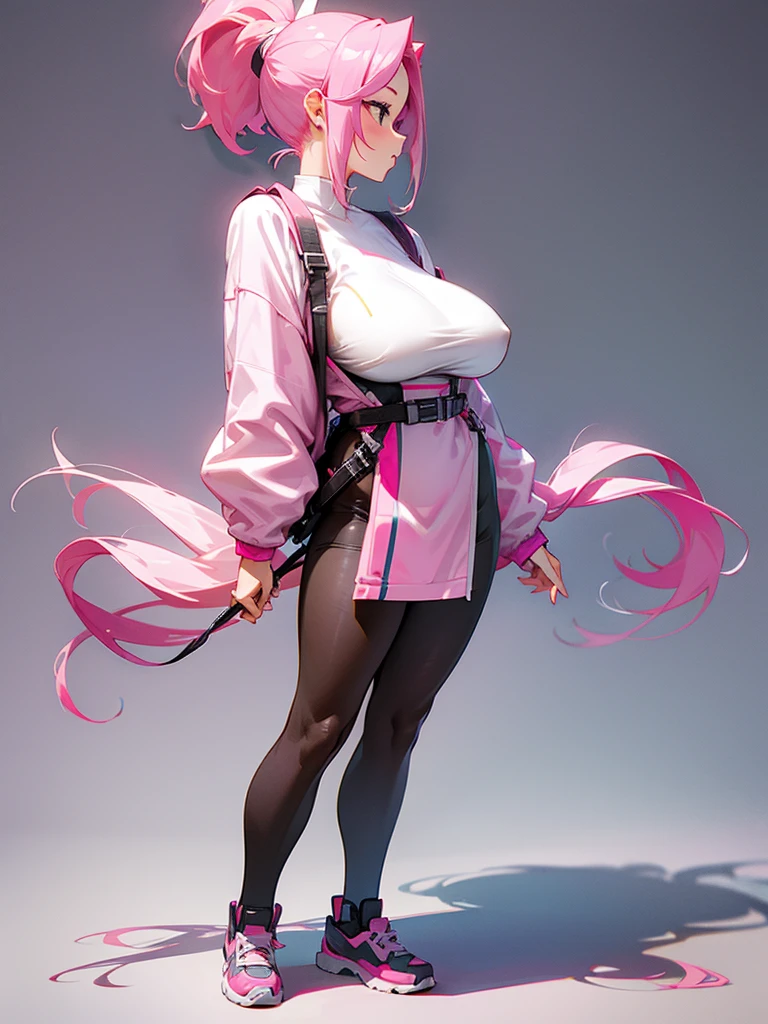 Pink hair in a ponytail。Big breasts。
She's wearing a neat and tidy idol-like dress.。
Full body photo。
Background is white。