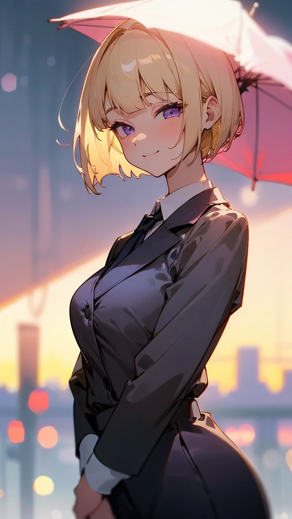 1 Girl、8K、Sharp focus、(Bokeh) (Highest quality) (Detailed skin:1.3) (Intricate details) (anime)、(blonde)、short hair、Bobcut、Blunt bangs、Beautiful purple eyes、Slender body、From the side、White shirt、Black trousers、Black Fitted Blazer、Calm face、Mouth closed、Cheeky Smile、Squint your eyes、Park in the background、sunset、Soft lighting.