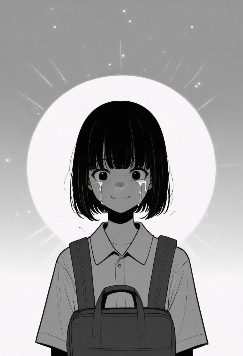 masterpiece, best quality, 1girl, mamerakkkkko, grayscale, manga style, japanese, chi no wadachi, black eyes, street, iced, black hair, schoolbag, smile, lineart, white background, white shirt, grey shorts, centered, 18 years old, tall, fair skinned, bokeh background, crying, tears, straight-on, tears streaming, bob cut, light particles, bold text above head, centered
