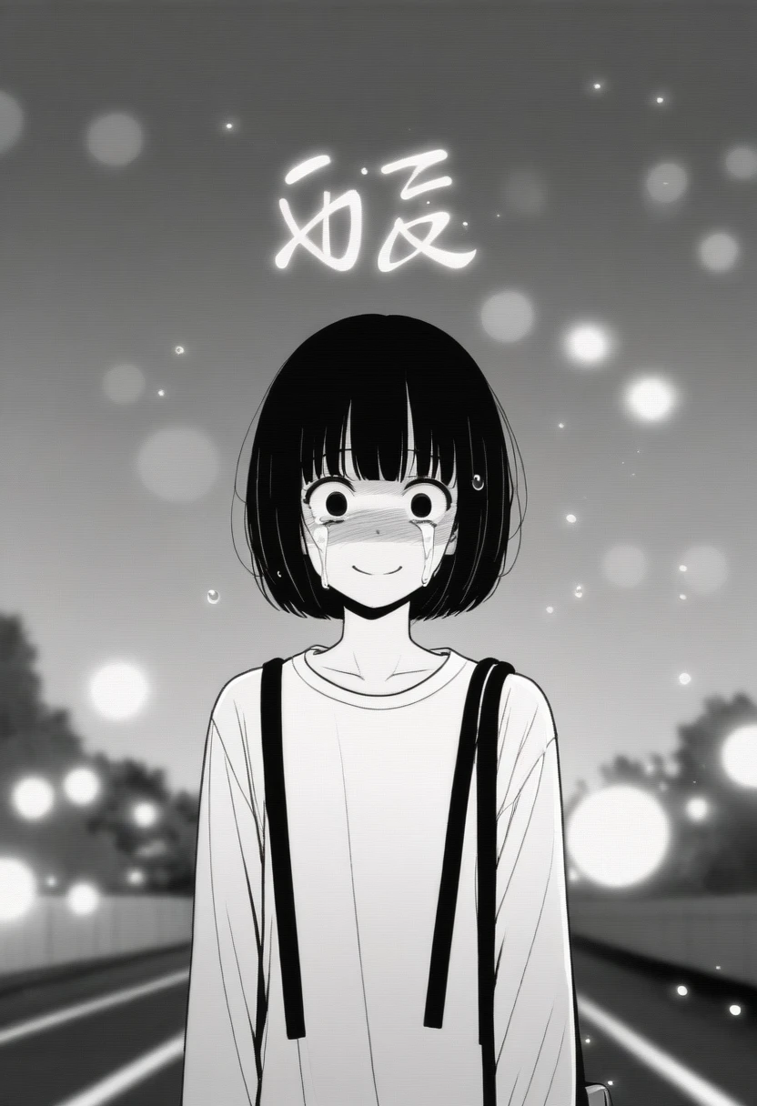 masterpiece, best quality, 1girl, mamerakkkkko, grayscale, manga style, japanese, chi no wadachi, black eyes, street, iced, black hair, schoolbag, smile, lineart, white background, white shirt, grey shorts, centered, 18 years old, tall, fair skinned, bokeh background, crying, tears, straight-on, tears streaming, bob cut, light particles, bold text above head, centered
