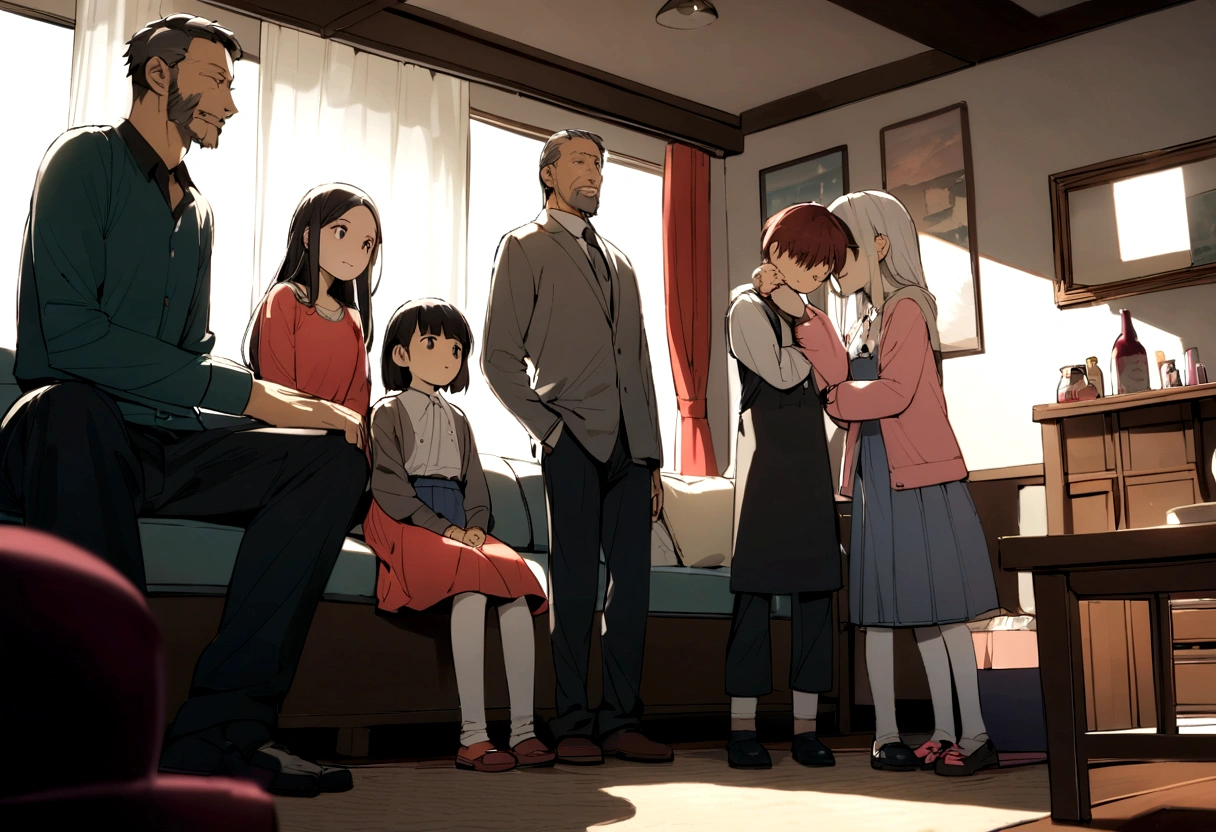 create me a family of one father, A mother, and two children, a -yeld bond a 12-year-o giin a ing room in a happy house