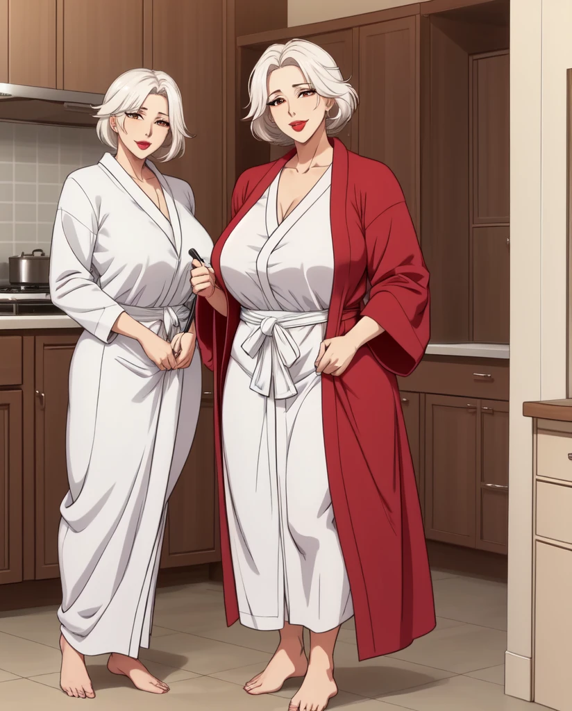 1 girl, bathrobe, woman in the kitchen, cleaning, full body (mature woman: 1.5), seductive smile, ara ara
masterpiece, best quality, intricate details, anime screenshot, flat color, mature woman, brown eyes, white hair, red lips, very large breasts, swollen lips, short hair
