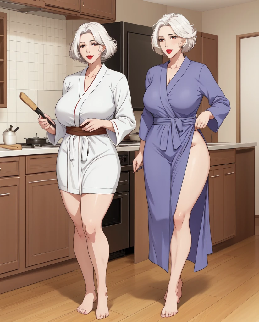 1 girl, bathrobe, woman in the kitchen, cleaning, full body (mature woman: 1.5), seductive smile, ara ara
masterpiece, best quality, intricate details, anime screenshot, flat color, mature woman, brown eyes, white hair, red lips, very large breasts, swollen lips, short hair