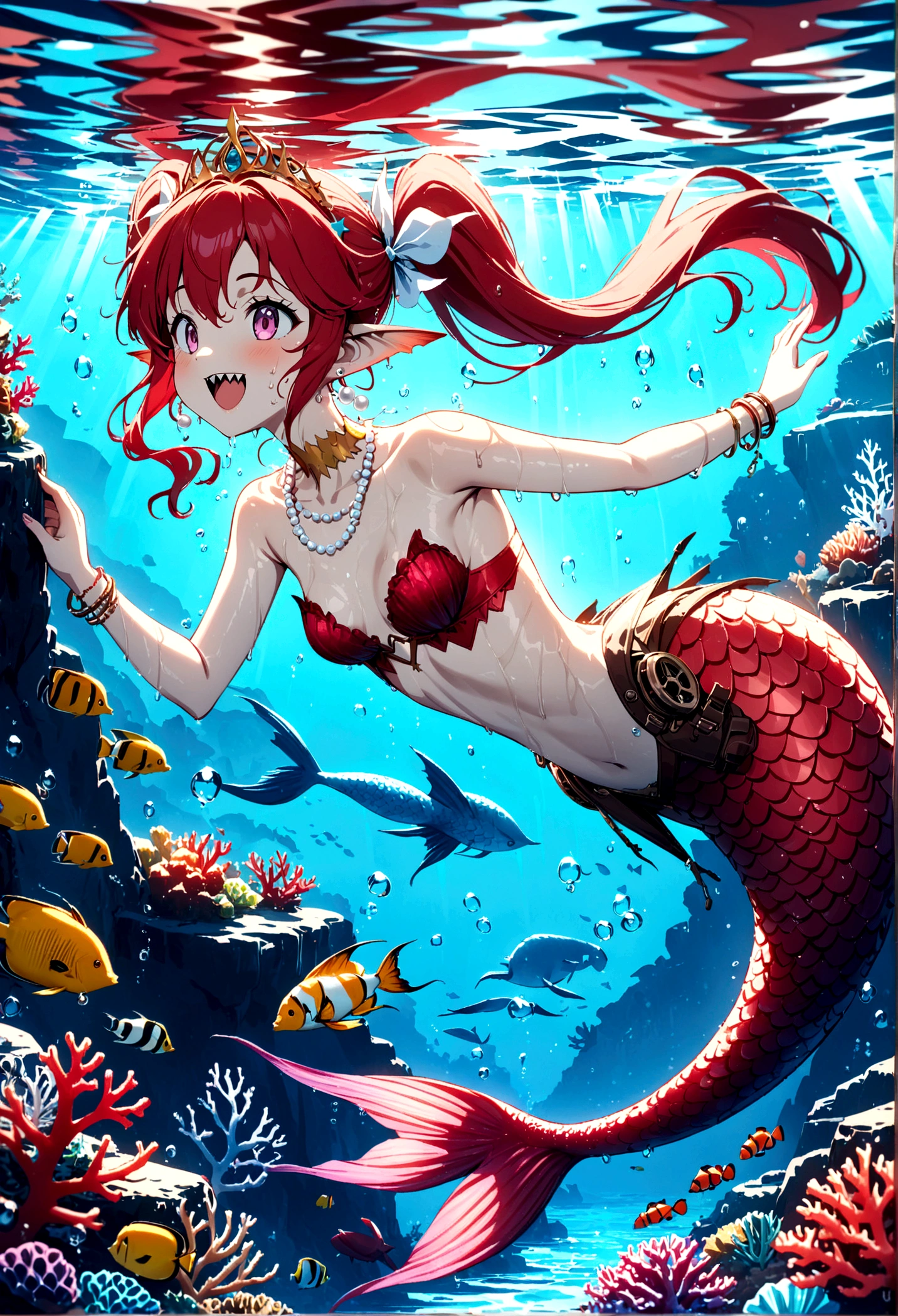 (best quality,4k,8k,highres,masterpiece:1.2),ultra-detailed, Pretty princess magically transformed into a beautiful mermaid, drawn in anime style,race swap, fantastic transformation, none human, steampunk, fish like, wet body, surrounded by small bubbles, long and detailed mermaid tail with shimmering red fish scales, fins ears, red shimmering scales on neck, very long pigtails red hair, sharp teeth, is smiling, pink eyes, small breast, long pelvic and dorsal fins, pair of fish gills on her torso and her neck, red seashells bra, starfish hair clips, pearl earrings and bracelets, pearl necklace, hair ribbons, gold tiara, ocean depths, swimming underwater, joyful expression, playful mermaid poses, sparkling water, water reflections, ethereal atmosphere, subtle glow, whimsical and enchanting, checking her new body, underwater world, colorful coral reef, magical underwater lighting, vivid colors, breathing underwater, endless ocean depths, sunlight filtering through the water, Highly detailed, masterpiece, high quality, 4K.