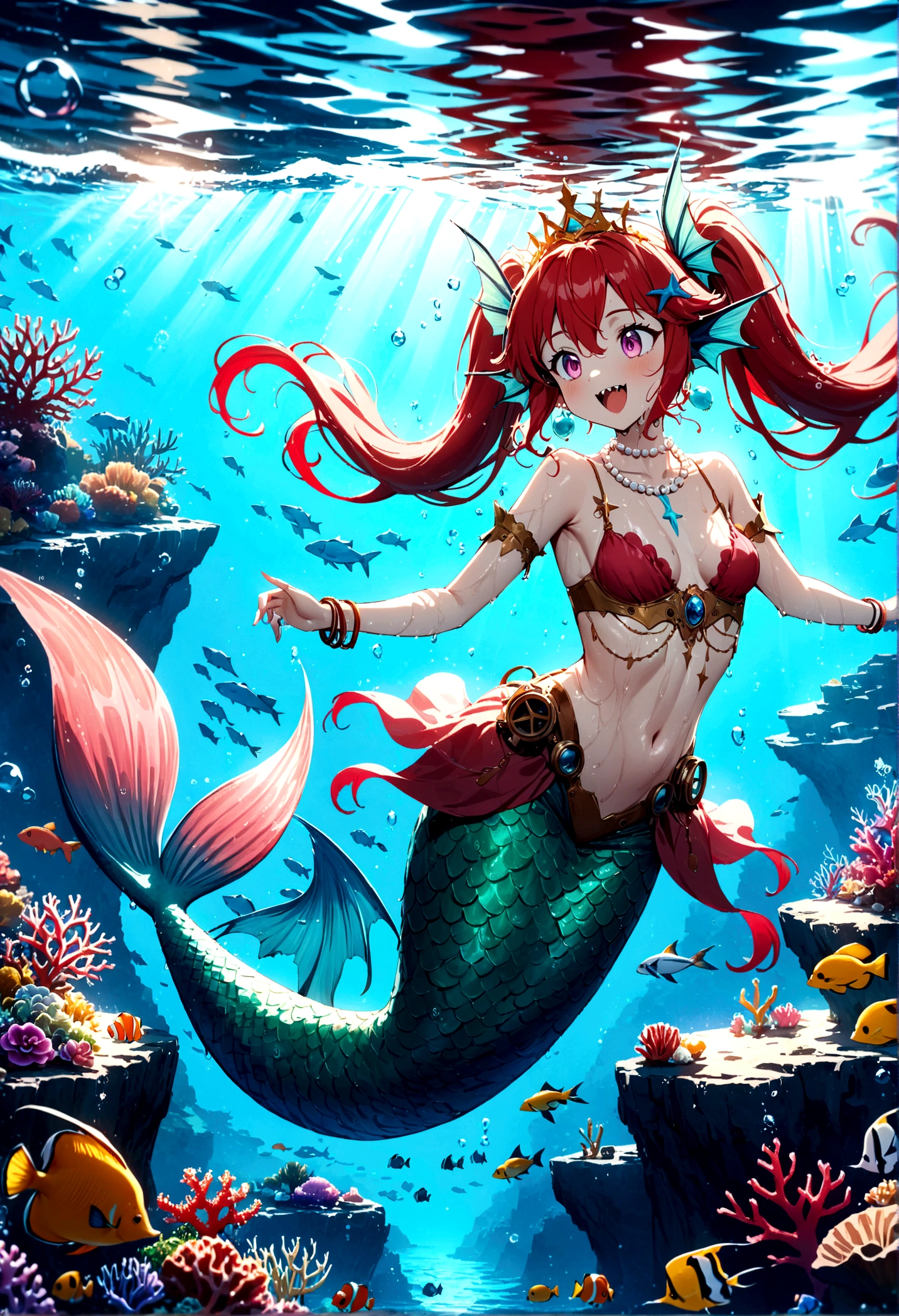 (best quality,4k,8k,highres,masterpiece:1.2),ultra-detailed, Pretty  princess magically transformed into a beautiful mermaid, drawn in anime style,race swap, fantastic transformation, none human, steampunk, fish like, wet body, surrounded by small bubbles, long and detailed mermaid tail with shimmering red fish scales, fins ears, red shimmering scales on neck, very long pigtails red hair, sharp teeth, is smiling, pink eyes, small breast, long pelvic and dorsal fins, pair of fish gills on her torso and her neck, red seashells bra, starfish hair clips, pearl earrings and bracelets, pearl necklace, hair ribbons, gold tiara, ocean depths, swimming underwater, joyful expression, playful mermaid poses, sparkling water, water reflections, ethereal atmosphere, subtle glow, whimsical and enchanting, checking her new body, underwater world, colorful coral reef, magical underwater lighting, vivid colors, breathing underwater, endless ocean depths, sunlight filtering through the water, Highly detailed, masterpiece, high quality, 4K.