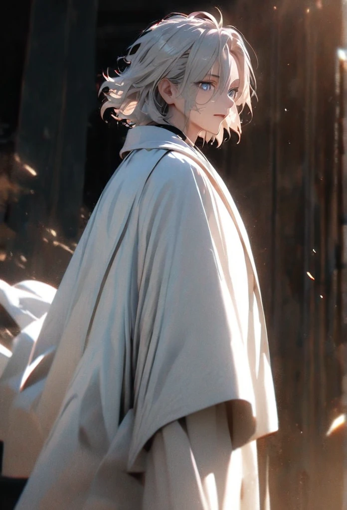 (solo), white hair, messy hair, mane hair, short hair, dense hair, wild hair, expressive hair, mature,(25 year old), pale skin, blue eyes, ((male)), wearing a black shirt, wearing a white cloak,, handsome, attractive, eye reflection, depth of field, thunder aura,cinematic lighting, ray tracing, depth of field, cinematic lighting, ray tracing, UHD, high details, best quality, highres, high quality, award winning, super detail, masterpiece, 8k, UHD, high details, best quality, highres, high quality, award winning, super detail, masterpiece, 8k, digital art, anime coloring, full body shot, body shot, good face, perfect face, detailed face, good eyes