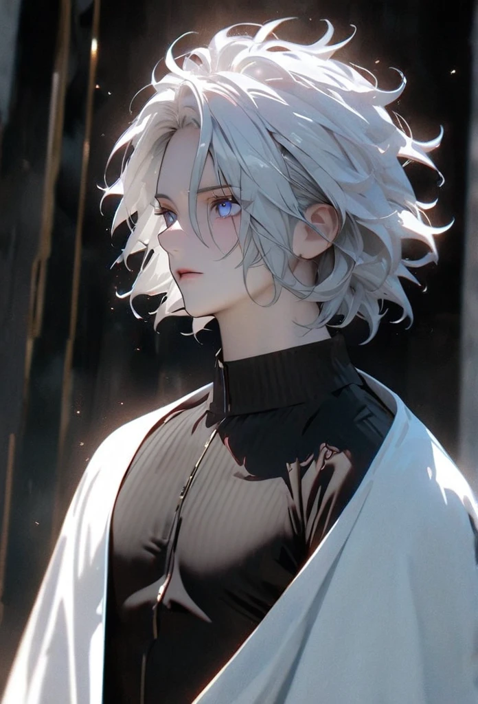 (solo), white hair, messy hair, mane hair, short hair, dense hair, wild hair, expressive hair, mature,(25 year old), pale skin, blue eyes, ((male)), wearing a black shirt, wearing a white cloak,, handsome, attractive, eye reflection, depth of field, thunder aura,cinematic lighting, ray tracing, depth of field, cinematic lighting, ray tracing, UHD, high details, best quality, highres, high quality, award winning, super detail, masterpiece, 8k, UHD, high details, best quality, highres, high quality, award winning, super detail, masterpiece, 8k, digital art, anime coloring, full body shot, body shot, good face, perfect face, detailed face, good eyes