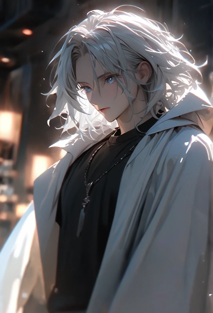 (solo), white hair, messy hair, mane hair, short hair, dense hair, wild hair, expressive hair, mature,(25 year old), pale skin, blue eyes, ((male)), wearing a black shirt, wearing a white cloak,, handsome, attractive, eye reflection, depth of field, thunder aura,cinematic lighting, ray tracing, depth of field, cinematic lighting, ray tracing, UHD, high details, best quality, highres, high quality, award winning, super detail, masterpiece, 8k, UHD, high details, best quality, highres, high quality, award winning, super detail, masterpiece, 8k, digital art, anime coloring, full body shot, body shot, good face, perfect face, detailed face, good eyes