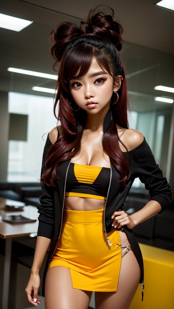 The character costume is KPOP, Hallyu, K-pop anime art style, Hallyu frontline style, Hallyu art style, kpop style, official artwork, Chibi art, Pisif, Blackpink style, cute.     KPOP artwork in various poses, The popularity of Pisif art station,  chibi, No watermark, Extra close-fitting mini skirt, open jacket, extra short clear top Strapless, cleavage, style clothing cyberpunk, smallest short short, wide angle, short top, very short, 