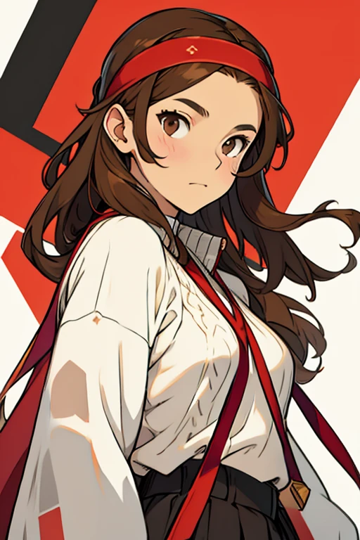 Young woman long brown hair brown eyes red headband white sweater short