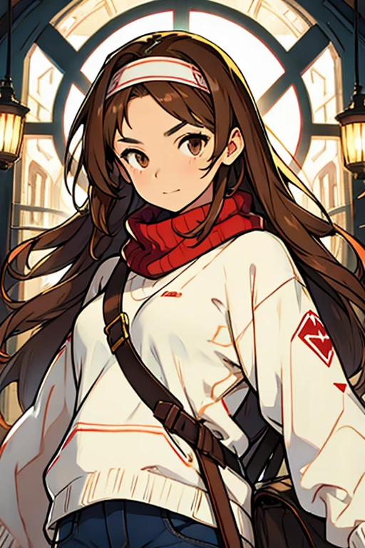 Young woman long brown hair brown eyes red headband white sweater short