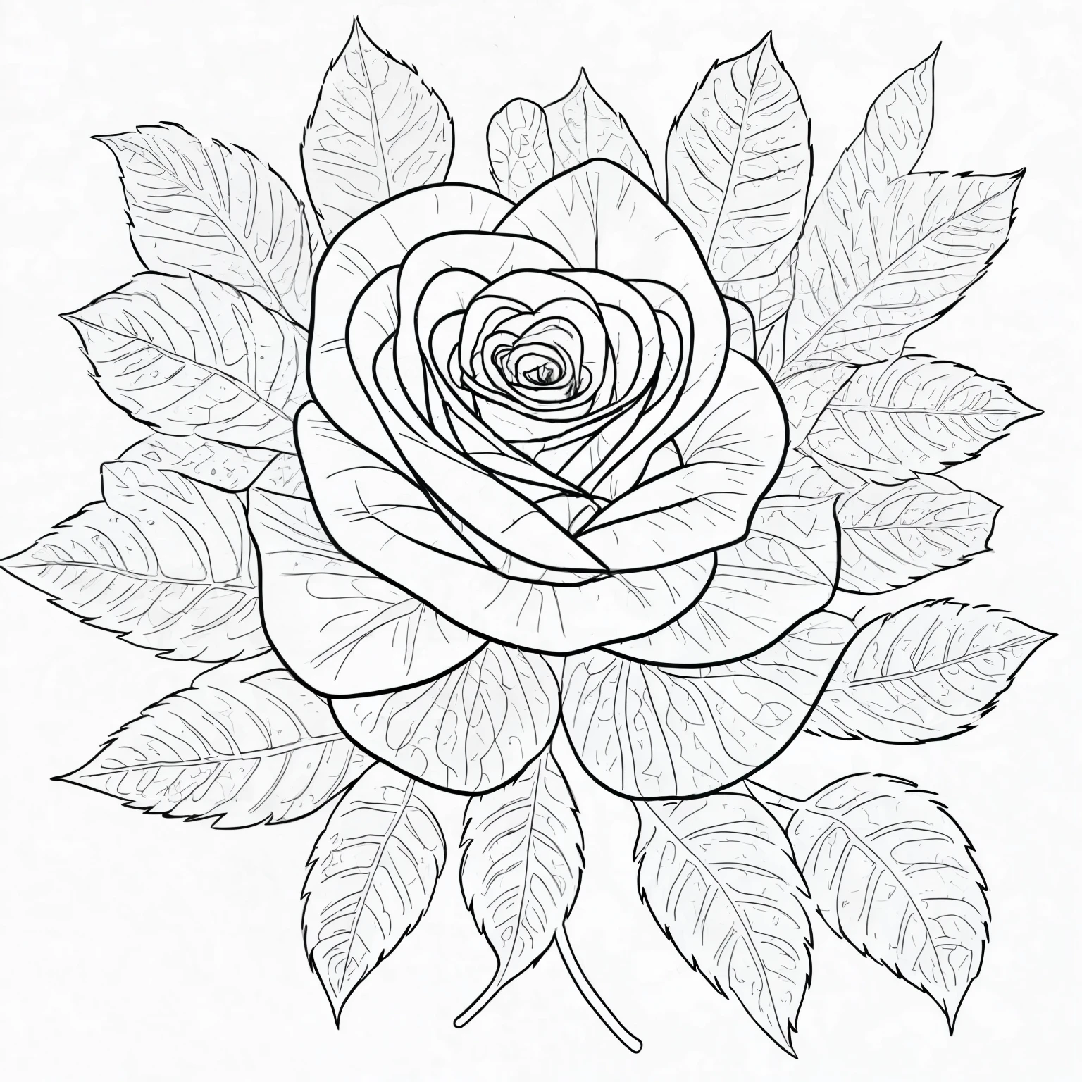 Generate a delightful 2D line art illustration for a kids' coloring book featuring a charming single rose flower. The design should be simple and engaging, with clear outlines and large areas for coloring. Include a friendly and playful element like leaves. line art, 2d,