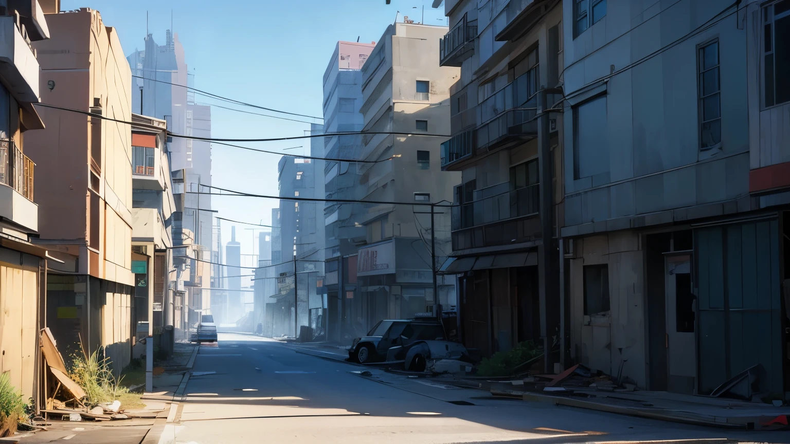 street view of a destroyed city, anime style, cel shading, fine line art