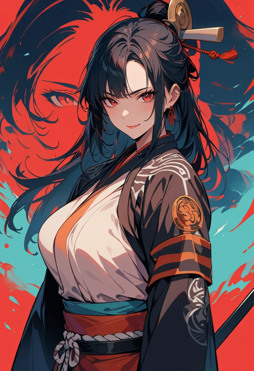 female ronin,red and black hair, red eyes, Schwert in beiden Händen, smiling, 4k, high res, masterpiece, detailed face, illustration