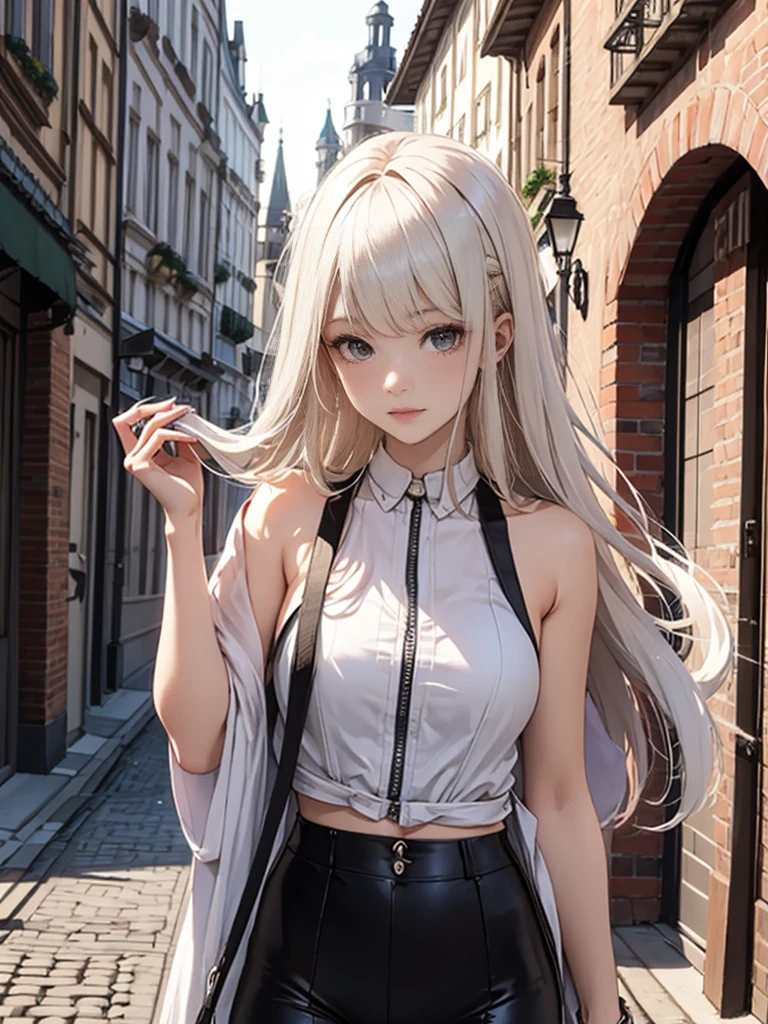 Brussels Old Town、cobblestone、1 woman、Platinum blonde inner color((colored inner hair))、long hair、Wear a sleeveless zipper-up top、Wear low rise leggings