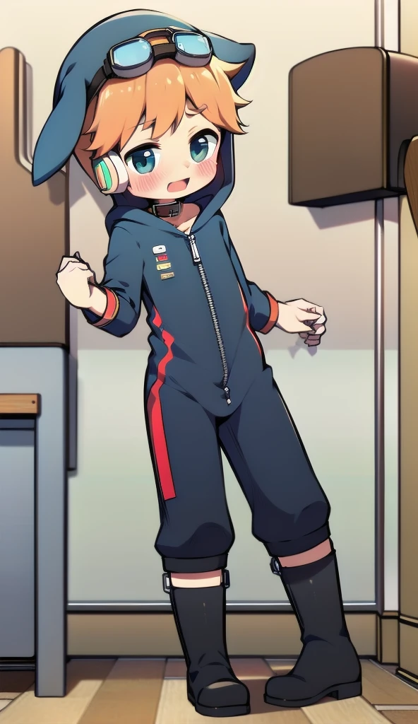 2D Boy Shota，One-piece mountaineering suit，Slim, healthy body，Put the headphones on your head，stand up，goggles，Rabbit ears，happy，Sailor collar，tie，Zipper pulled down，boots，hood，classroom，shy，blush