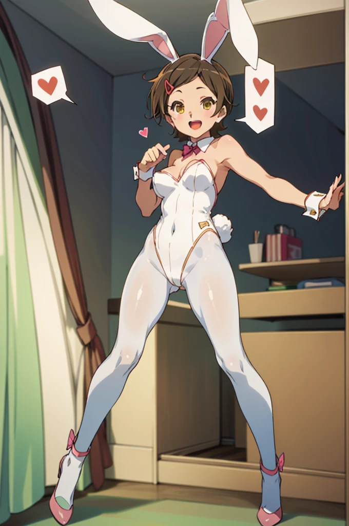 solo, 1girl, , hazuki katou, ,medium breasts,,bunny girl,bunny suits,leotard,pantyhose,rabbit ears,my room,open mouth,tongue,,looking viewer,happy smile,lovely,cute,spoken heart