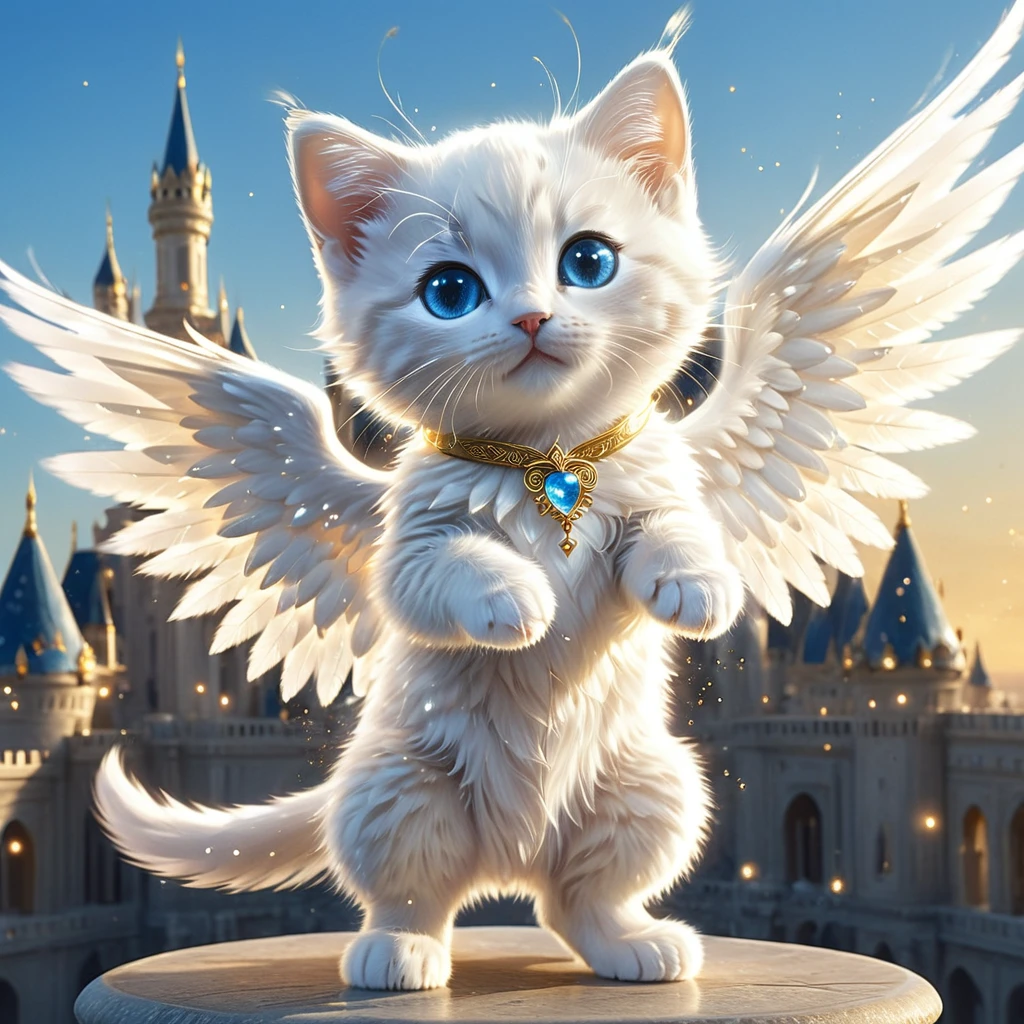 C4tt4stic, Anthropomorphic cute animal character, dressed and bipedal, with human-like posture. The cute animal has human-like limbs and a three-headed body. The cute animal is a white furry kitten with blue eyes, surrounded by countless light particles, each particle shining brightly and intensely. The cute animal has the form of an angel and spreads its wings, the background is an image of a palace in the sky with warm golden light, mysterious space, fantasy art, exquisite details, Jean-Baptiste Monge style, Alan Lee style, anthropomorphic blue-eyed white furry kitten, movie scene, dramatic shot angle, atmospheric particles, real, raw cinematic photorealism, action portrait, 8k, detailed, full frame