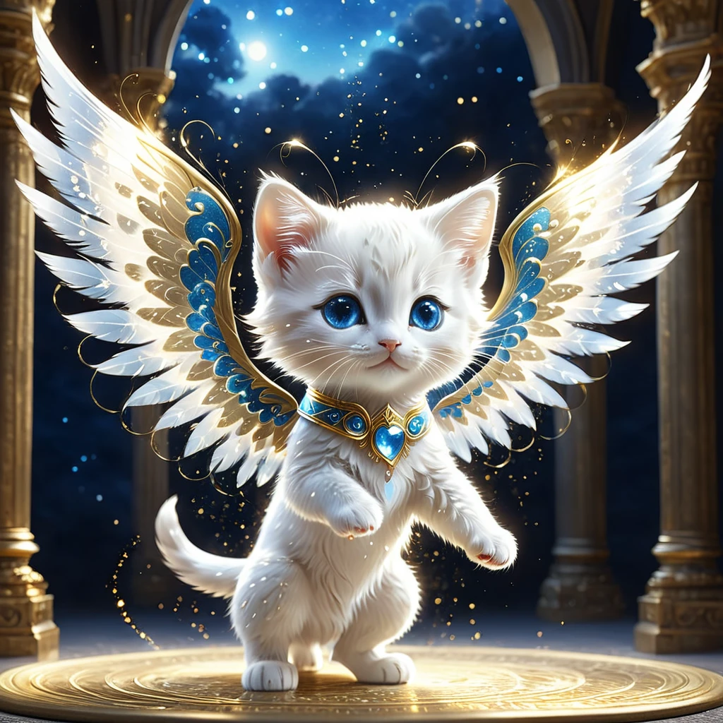 C4tt4stic, Anthropomorphic cute animal character, dressed and bipedal, with human-like posture. The cute animal has human-like limbs and a three-headed body. The cute animal is a white furry kitten with blue eyes, surrounded by countless light particles, each particle shining brightly and intensely. The cute animal has the form of an angel and spreads its wings, the background is an image of a palace in the sky with warm golden light, mysterious space, fantasy art, exquisite details, Jean-Baptiste Monge style, Alan Lee style, anthropomorphic blue-eyed white furry kitten, movie scene, dramatic shot angle, atmospheric particles, real, raw cinematic photorealism, action portrait, 8k, detailed, full frame