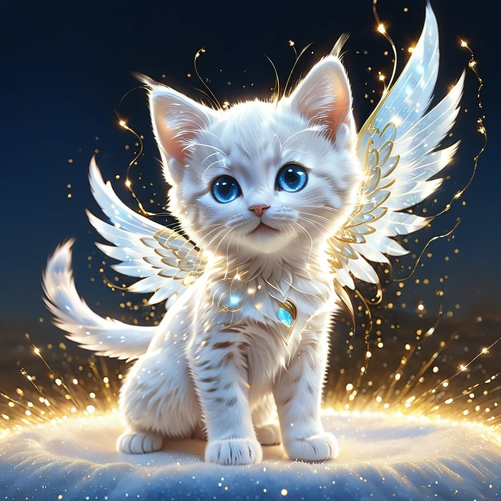 C4tt4stic, Anthropomorphic cute animal character, dressed and bipedal, with human-like posture. The cute animal has human-like limbs and a three-headed body. The cute animal is a white furry kitten with blue eyes, surrounded by countless light particles, each particle shining brightly and intensely. The cute animal has the form of an angel and spreads its wings, the background is an image of a palace in the sky with warm golden light, mysterious space, fantasy art, exquisite details, Jean-Baptiste Monge style, Alan Lee style, anthropomorphic blue-eyed white furry kitten, movie scene, dramatic shot angle, atmospheric particles, real, raw cinematic photorealism, action portrait, 8k, detailed, full frame