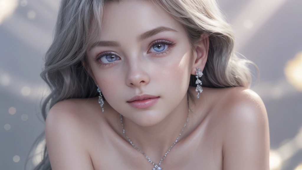 masterpiece, highest quality, figure, alexandrite eyes and hair, platinum earrings, Platinum Necklace, white dress, The Little Mermaid, cute, (dynamic lighting:1.2), cinematic lighting, delicate features, fine eyes, sharp pupils, realistic student, Depth of bounds written, Bokeh, sharp focus, (very detailed, bloom, shine:1.4), Many Small Gems