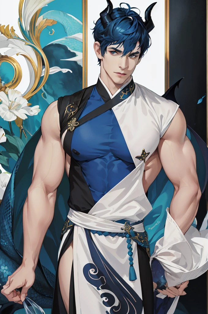 (absurdres, highres, ultra detailed, realistic, ), 1 male, solo, adult, mature, tall muscular guy, broad shoulders, handsome, very short hair, masculine man, sea, deep blue hair, draconic blue scales on skin, pale skin, hunter eyes, horns curved backwards, serene expression, traditional clothes, angular jaw, thick neck, thick eyebrows