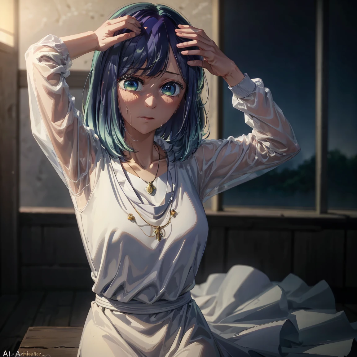 best quality, Masterpiece, high resolution, 1 girl, Chinese dress, hair ornament, necklace, jewelry, beautiful face, upon_body, Tyndall Effect, Photorealistic, dark studio, edge lighting, two tone lighting, (highly detailed skin :1.2), 8k hd, DSLR, soft lighting, high quality, volumetric lighting, candid, photography, high resolution, 4k, 8k, bokeh, tall body, tall, long legs, mature woman, mature, adult, , eft_oshi_akane, alone, 1 girl, blue hair, white shirt, looking at viewer, medium hair, shawl, red dress, bangs, closed mouth, green eyes, hair multicolored, short hair, hand up, sweat, etallxpressionless, faded hair, blue eyes, more details XL