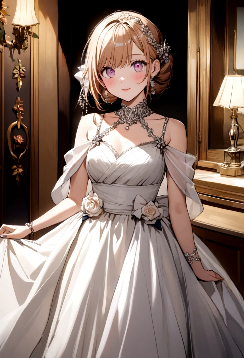 a photo of ai hosino and her eyes shine like a star and she wears an elegant dress