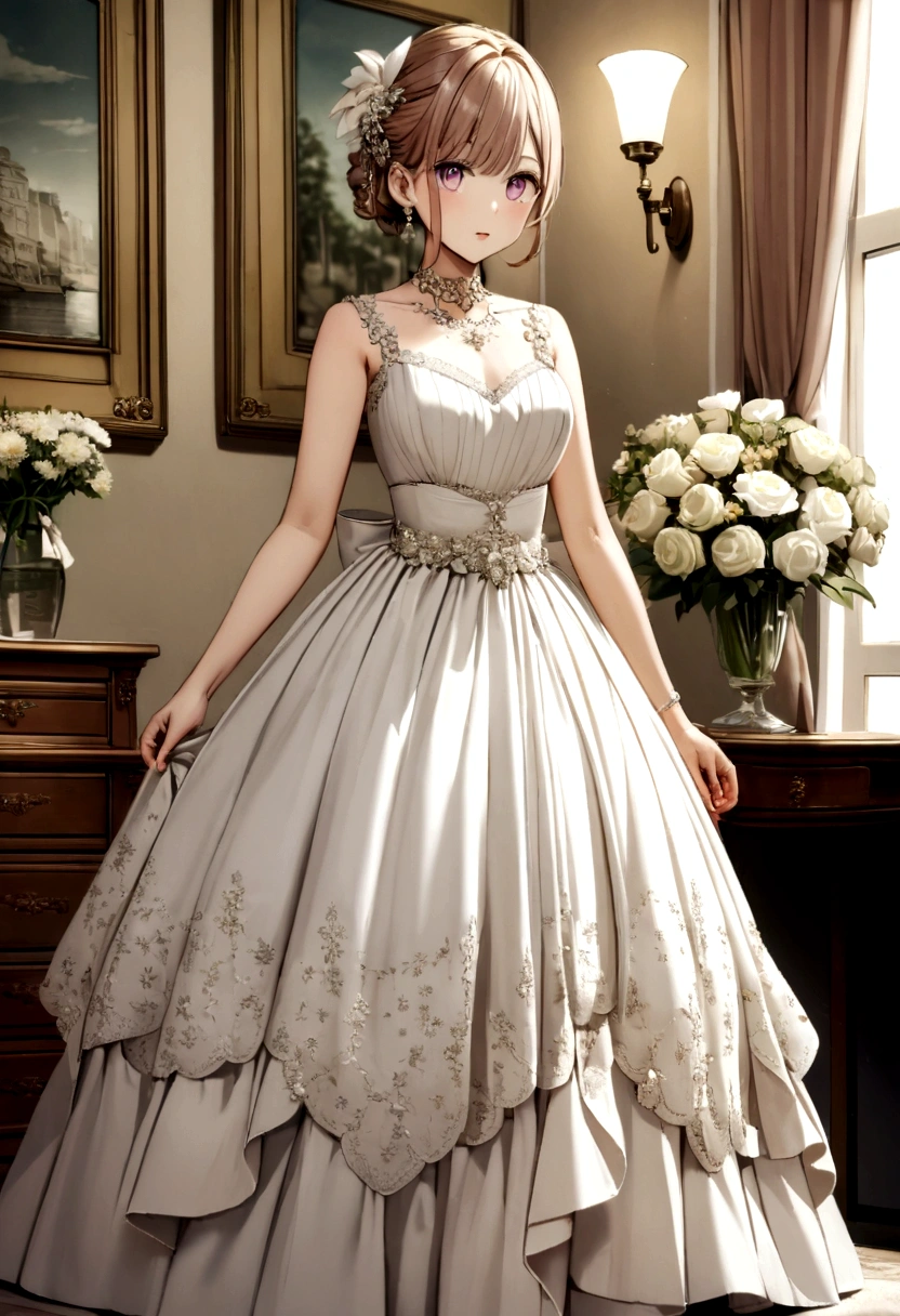 a photo of ai hosino and her eyes shine like a star and she wears an elegant dress