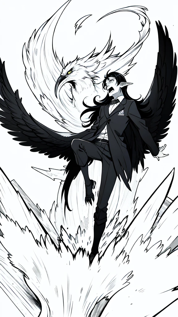 1man,40s,mature male,angry,open mouth,fangs,((wild)),long hair,black hair,pointy ears,harpy,wings,no arms,(white background,line drawing),from below,wild,scare,looking to view,torn clothes,leaning forward,extreme wide angle, Ground view,standing on one leg, (from bottom,from below:1.25),close-up,portrait