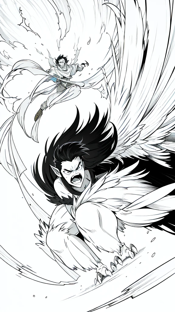 1man,40s,mature male,angry,open mouth,fangs,((wild)),long hair,black hair,pointy ears,harpy,wings,no arms,(white background,line drawing),from below,wild,scare,looking to view,torn clothes,leaning forward,extreme wide angle, Ground view,standing on one leg, (from bottom,from below:1.25),close-up,portrait