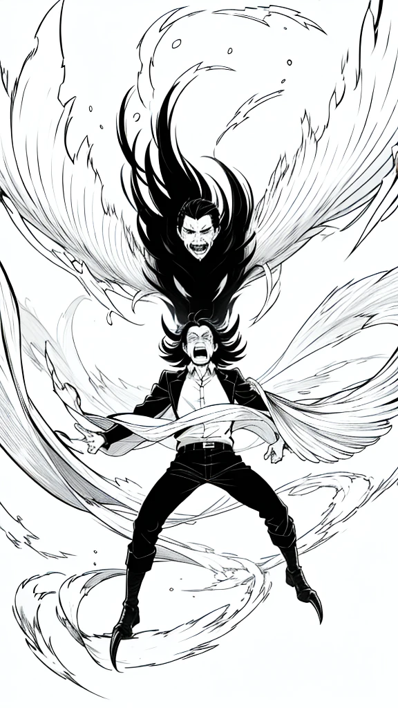 1man,40s,mature male,angry,open mouth,fangs,((wild)),long hair,black hair,pointy ears,harpy,wings,no arms,(white background,line drawing),from below,wild,scare,looking to view,torn clothes,leaning forward,extreme wide angle, Ground view,standing on one leg, (from bottom,from below:1.25),close-up,portrait