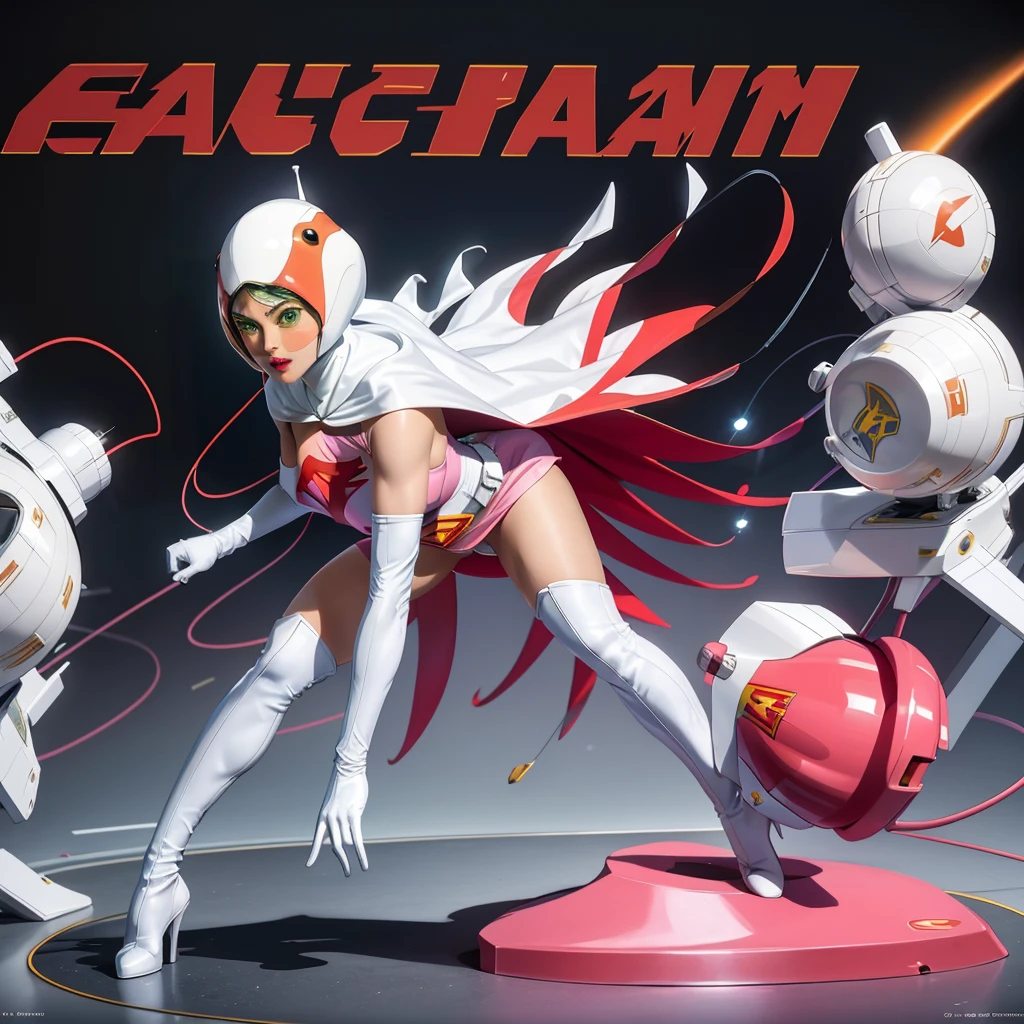 ANI_CLASSIC_jun_gatchaman_ownwaifu,1girl, 15yo,good anatomy, masterpiece, best quality,realistic, hyperrealistic, 16k hdr, long hair,breasts,green eyes,lips,large breasts,lipstick,makeup,gloves,cape,helmet,belt,elbow gloves,white gloves,mask,ultra miniskirt,leotard,spacesuit,white tight overknee highheels boots,pink dress,superhero,bodysuit,cleavage,erected nipples,(sexy pose,front view),(spread legs:1.1),cameltoe